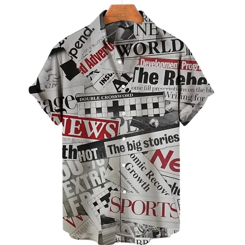 Hawaiian Newspaper 3D Print Men Shirt Man/Women Casual Fashion Short Sleeves Shirts Lapel Button Tops Oversized Unisex Clothing
