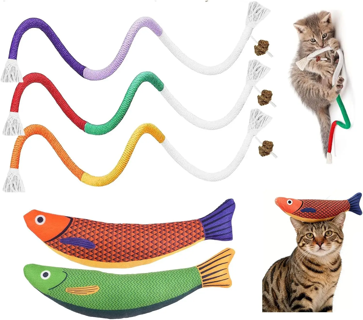 

5Pcs Cat Chew Rope & Catnip Fish Toys for Dental Health, Interactive Indoor Cat Toys with Refillable Organic Catnip