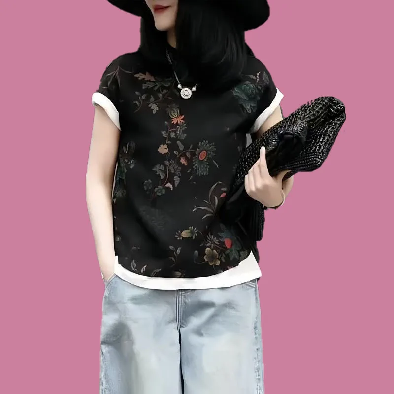 Camicette in due pezzi finte con stampa vintage o-collo impiombate Abbigliamento donna 2025 Estate Nuove magliette eleganti allentate Camicie all-match