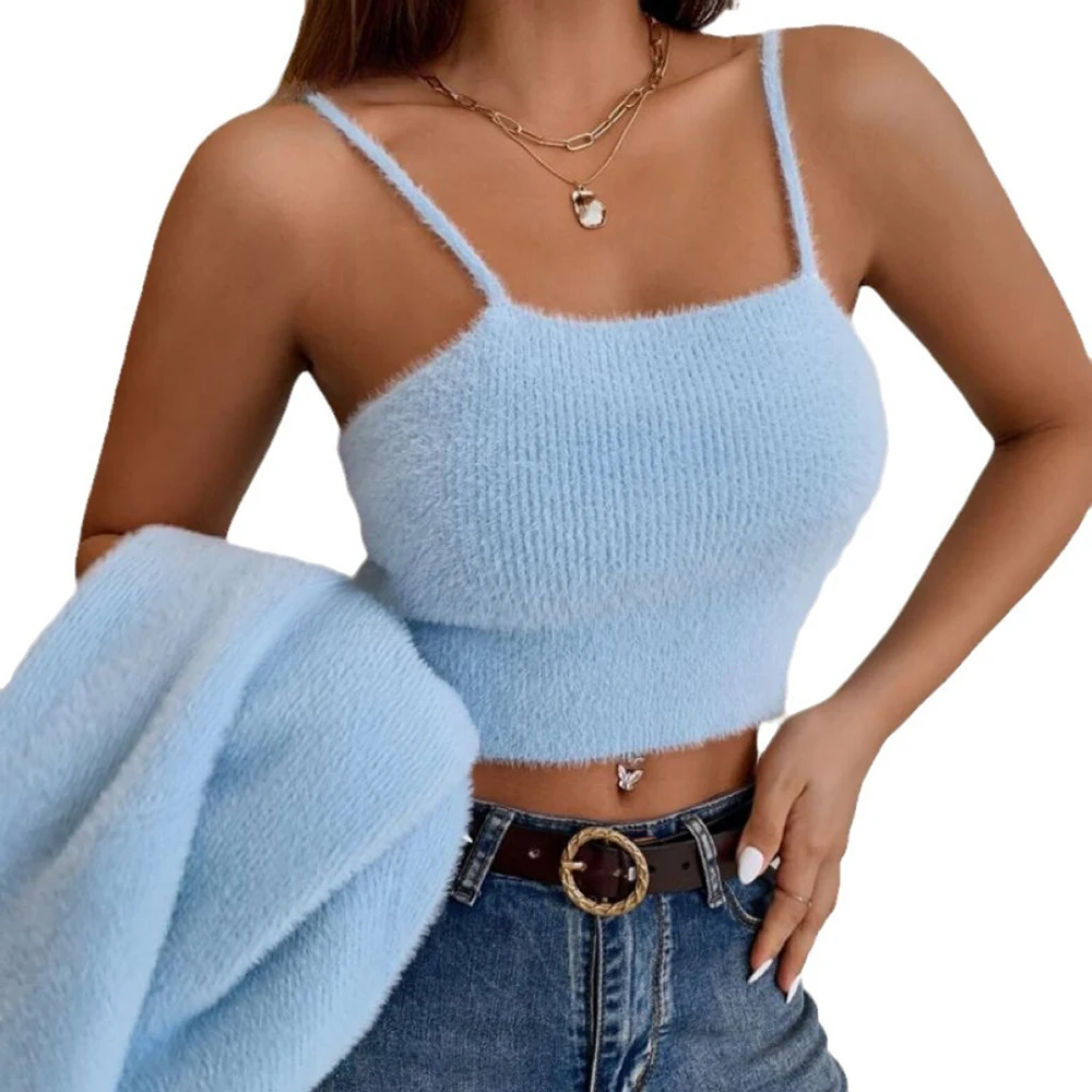 Knitted Imitation Mink Fur Plush 2piece Set Women Autumn Fashion Solid Color Knitted Short Camisole Vest+Long Sleeved Cardigan ﻿