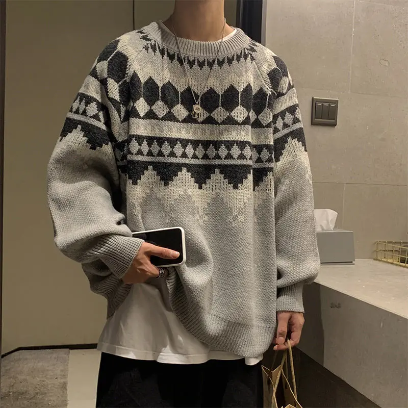 Men Clothing Autumn Winter Vintage Trendy Oversized Streetwear Y2K Knitted Sweater Youth Korean O Neck Long Sleeve Pullover Tops