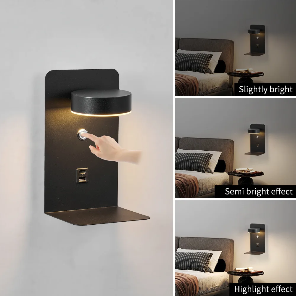 Cross-border Bedroom Bedside Wall Lamp Study Reading Atmosphere Light Creative Usb Mobile Phone Charging Rotatable Bedside Lamp