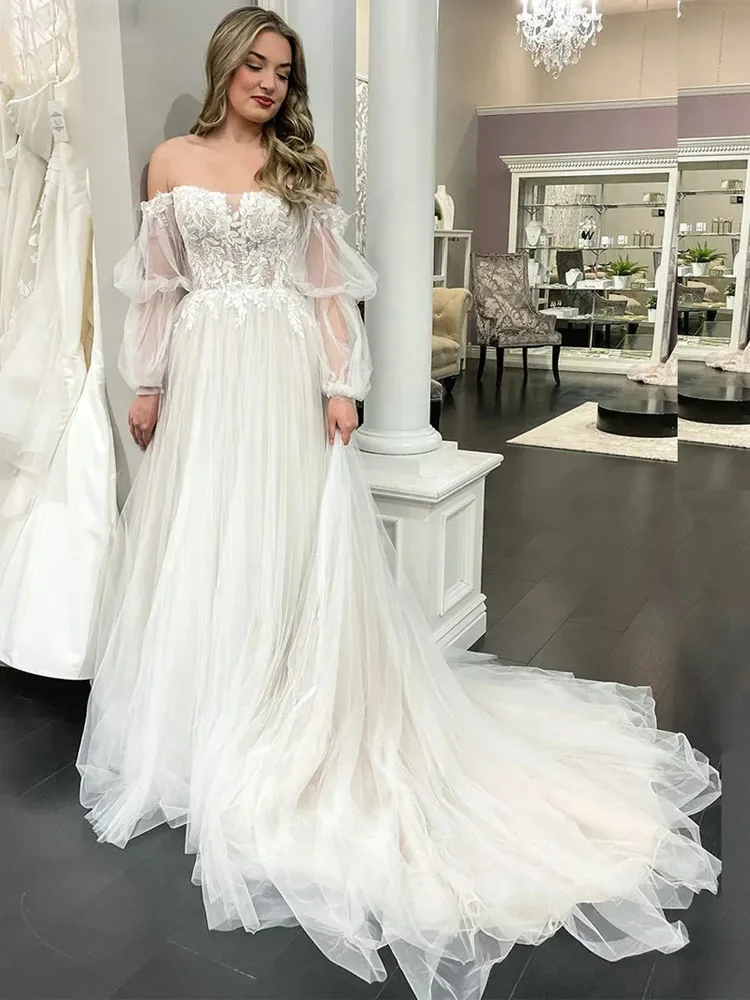 Robe de mariée bohème A-Line avec appliques en dentelle, robes de patients à manches longues, hors de l'initiative, robe de campagne de mariage