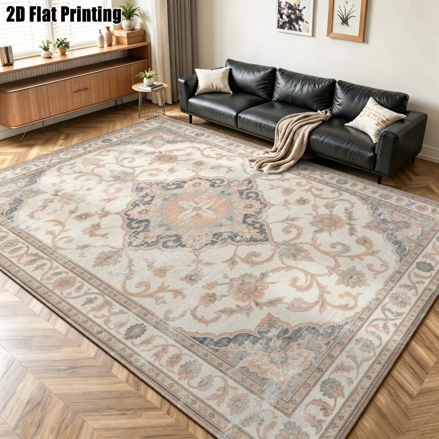 1Pc 2D Printed Carpet: Beige & Powder Blue Floral, Vintage/Bohemian/Geometric European Style Multi-Size, Machine Washable, Ideal for Entrance/Dining/Foyer/Bedroom/Living Room as a Decorative Mat.