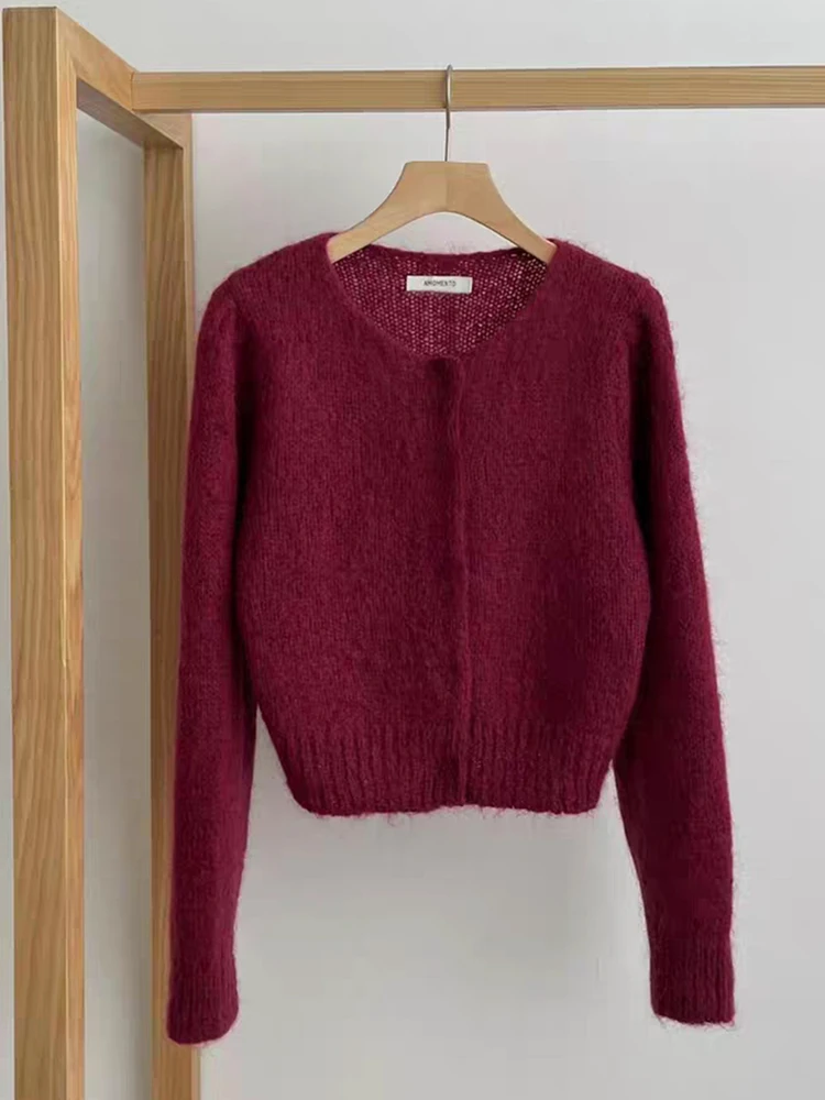 

Красный вязаный кардиган с круглым вырезом, укороченный, женский, в корейском стиле, с эффектом осветления кожи, осень-зима