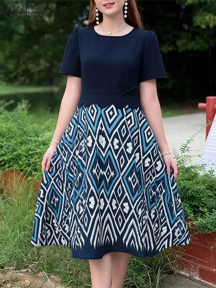 ZANZEA ฤดูร้อนแขนสั้นทํางาน Sundress ผู้หญิง Patchwork ชุด 2025 สไตล์สายพิมพ์ชุด Midi Vestido Robe