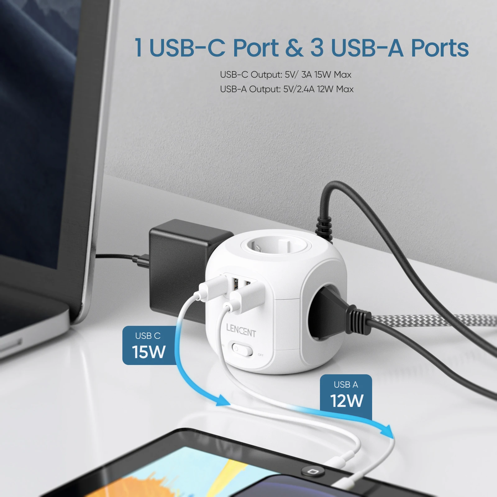 Imagem -03 - Cubo da Tira de Energia de Lencent com Tomadas ca Porta Usb tipo c 3m Trançado Cabe Multi Adaptador de Alimentação do Soquete com Interruptor para Casa