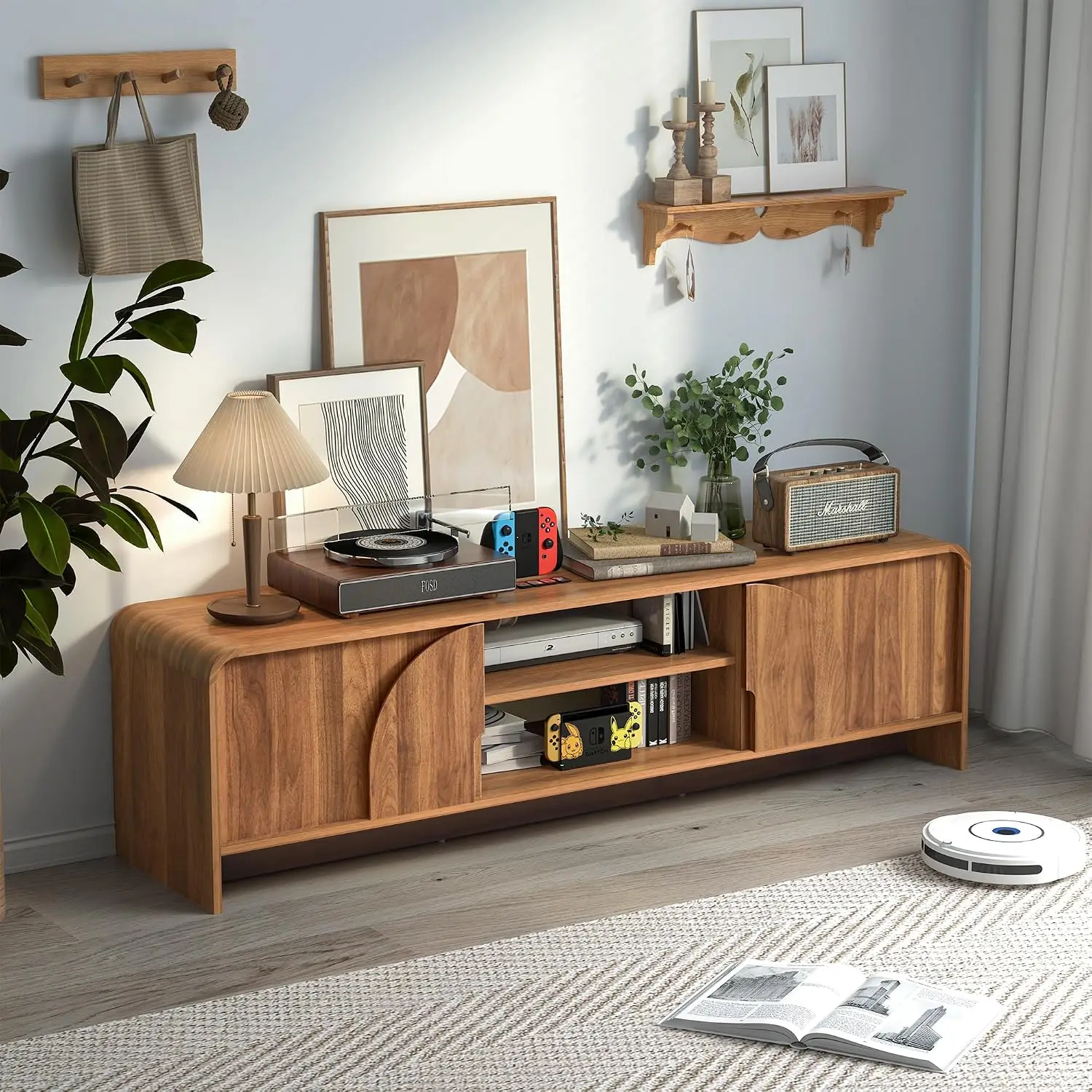 Walnut TV Stand Arched Handle Sliding Door Open Shelf Drawer, Mid Century Modern Wood Entertainment Center Cable Management 63