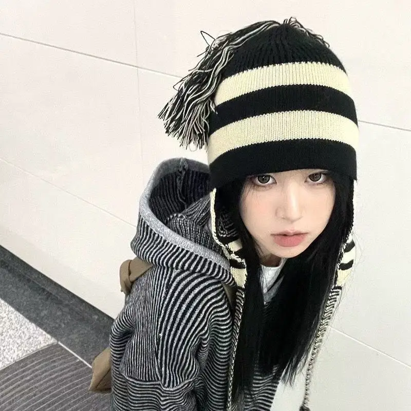 Anime NANA Hat Stripe Tassel Ear Protection Woolen Lei Feng Hat Warm Knitted Flying Hat Trendy Accessories Cosplay Fans Gifts view 2
