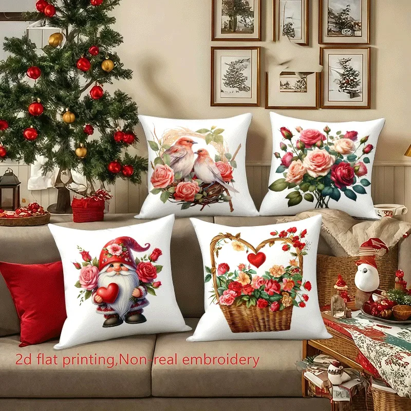 

Romantic Red Floral & Gnome Pillowcase: Cozy Holiday-Themed Cushion Cover for Warm Cottage Home Sofa Decor