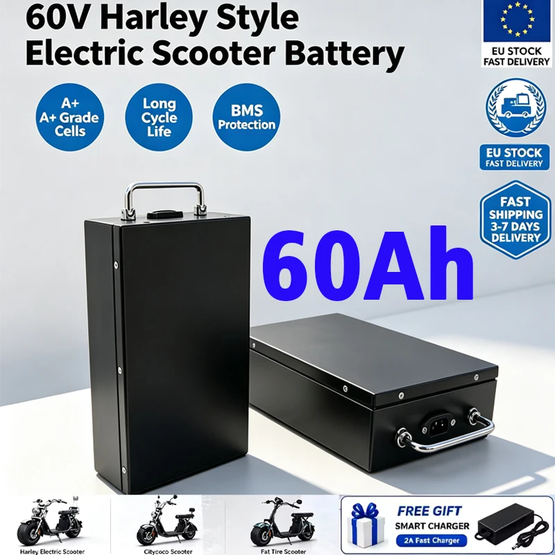 60V 40Ah/50Ah/60Ah Elektromotorrad Harley Zweirad Faltbares Citycoco Elektromotorrad Lithium-Ionen-Akku 2000W, Gratis Ladegerät