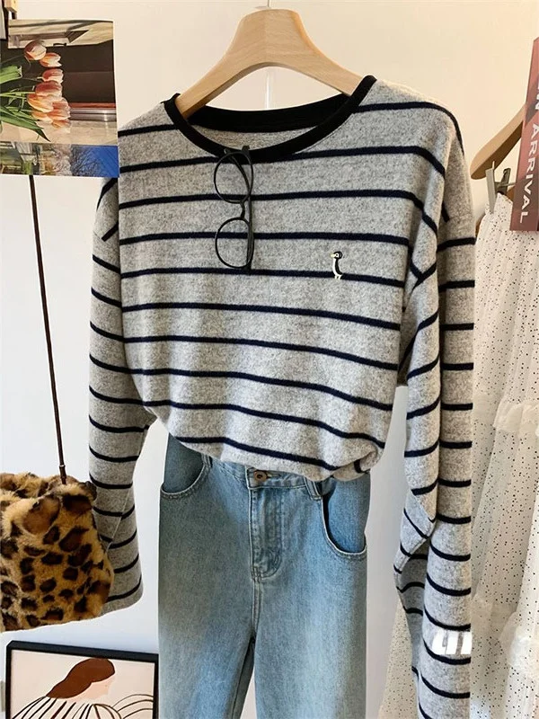 Extra groot 300-Pou geborduurd Penguin Brued herfst winter gestreept los dames lang Sve rond Ne T-shirt casual...