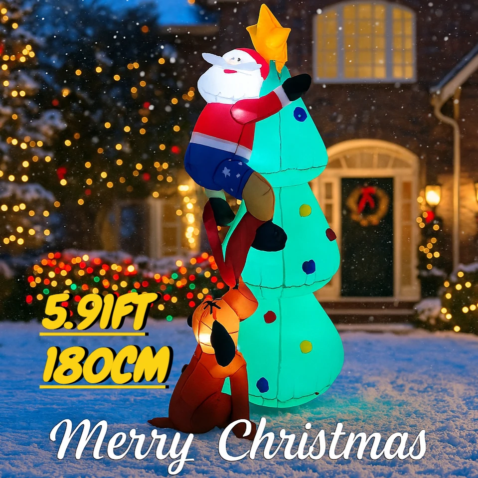 

5.91FT Inflatable Christmas Tree Santa Snowman Gift Toy LED Lit Festive Christmas Gifts Xmas Inflatable Yard Decorations