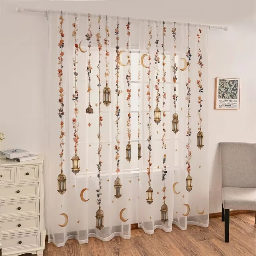 2PCS Digital Print Sheer Curtains, Flower Vine Chandelier Lamp, Romantic Floral Elegant for Bedroom Living Room Home Decor