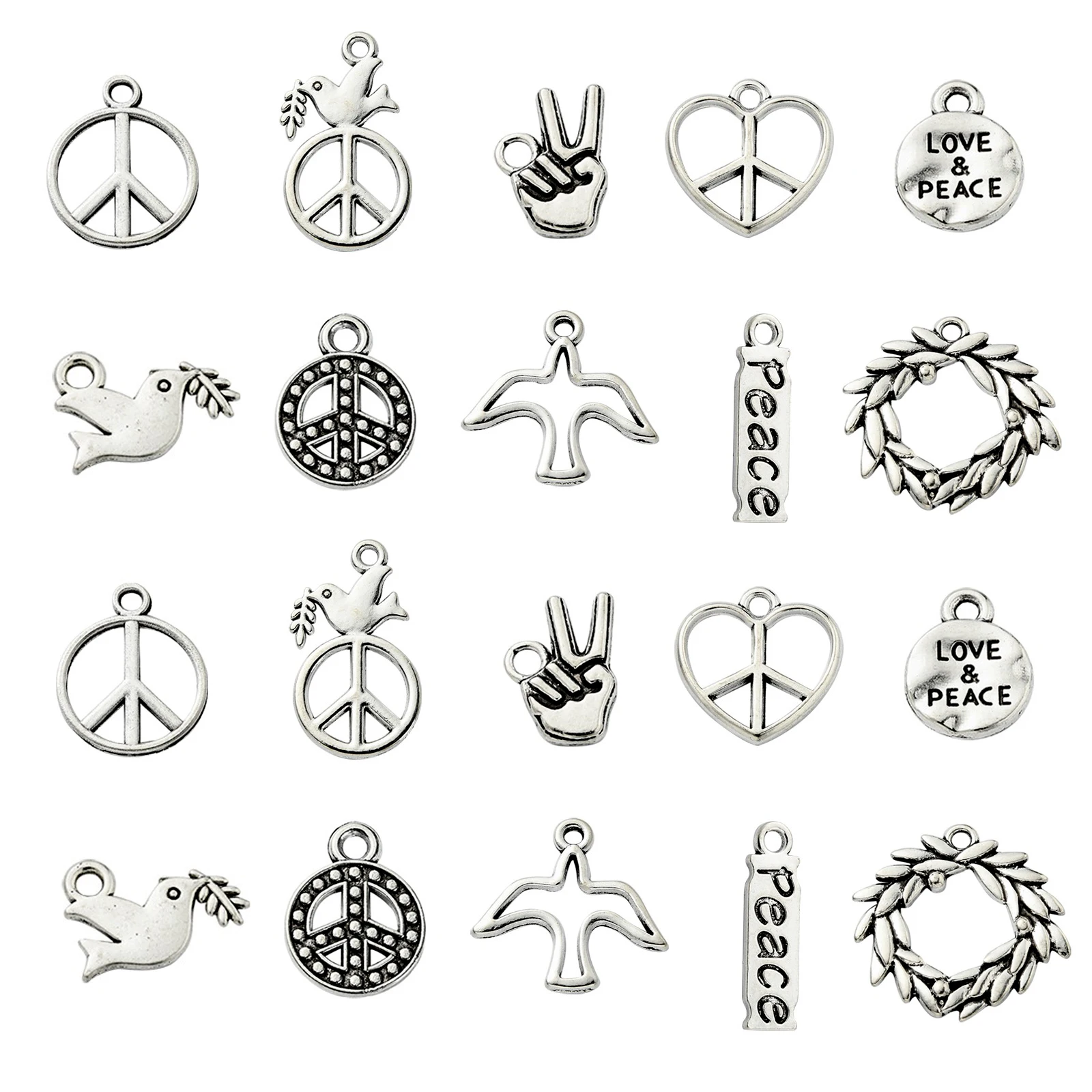 Pandahall 100Pcs 10 Styles Peace and Love Theme Charms Peace Sign Pigeon Branch Charms for Jewelry Crafting Making