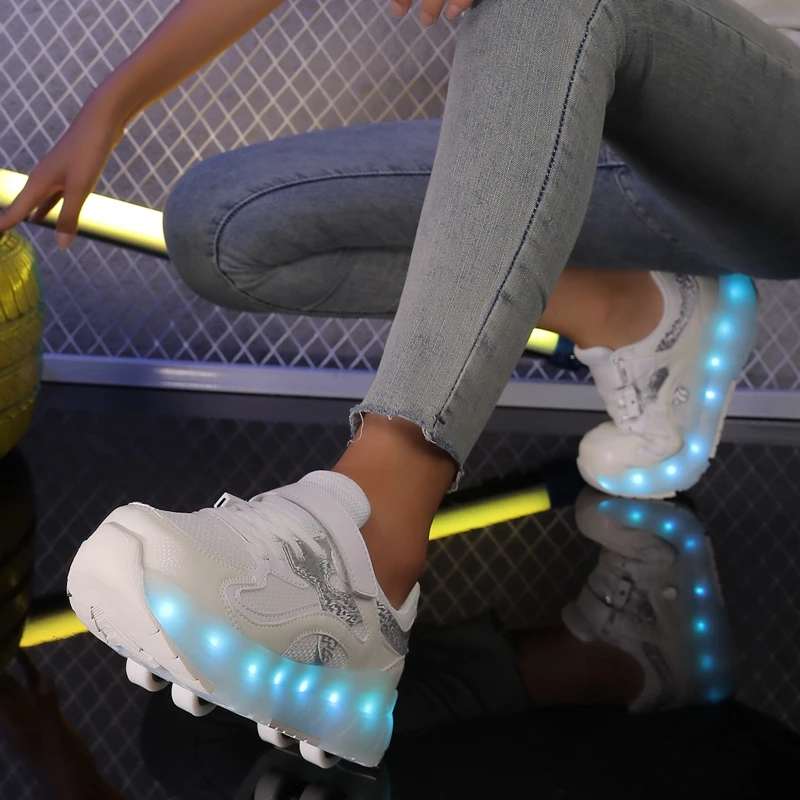 أحذية مشي للأطفال قابلة للتنفس بعجلة مزدوجة قابلة للإزالة ومخفية لشحن المراهقين مع أضواء زلاجات دوارة مضيئة ملونة #3