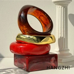 HANGZHI Claret Square Round Thick Resin Bracelet Tortoiseshell Asymmetrical Design Jewelry for Women Retro Elegant Autumn Bangle