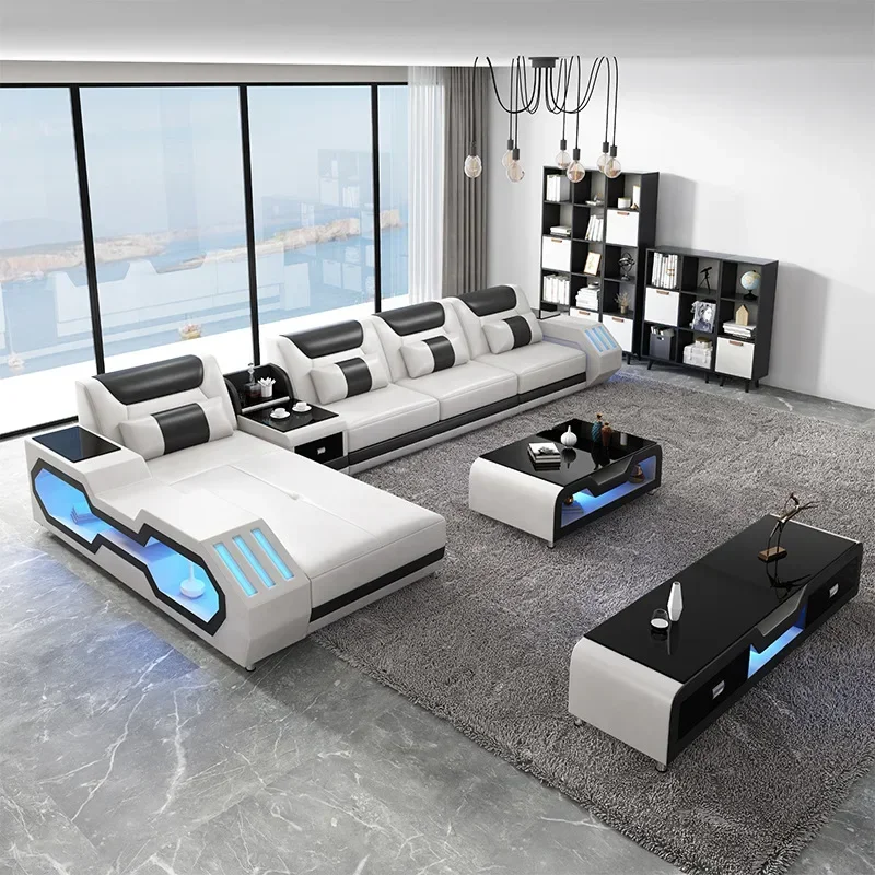 LED Lights Smart Modern Living Room Luxury Furniture Multifunctional Electric Leather Sofa