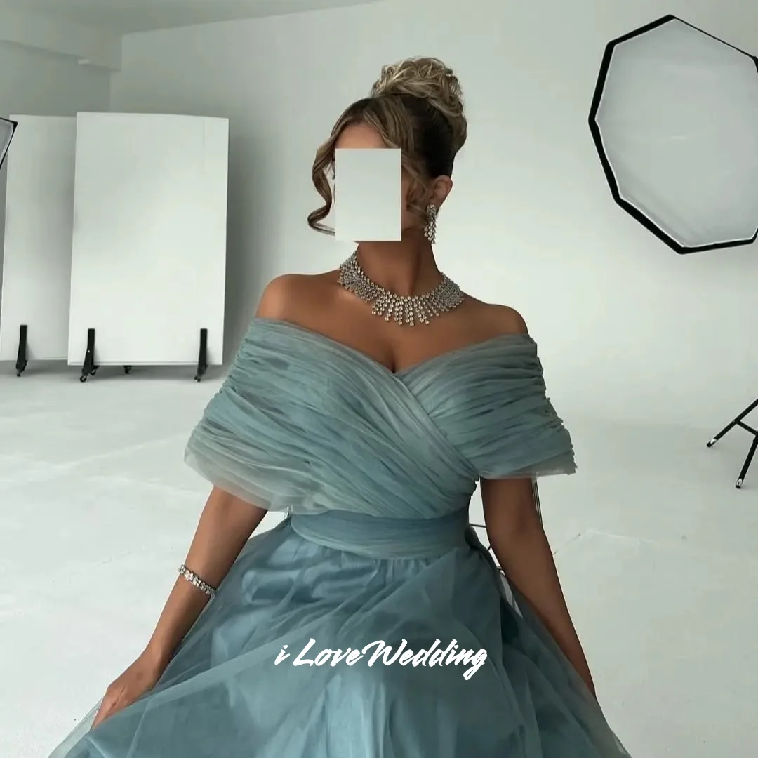 الأزرق الخامس الرقبة فساتين لحضور الحفلات الموسيقية 2025 قبالة الكتف ألف خط الطابق طول عارية الذراعين مطوي فساتين السهرة فساتين الزفاف الضيوف مخصصة #2