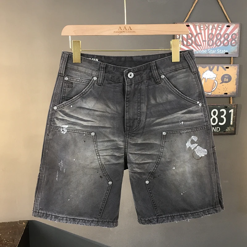 

100% Cotton Splatter Paint Cargo Shorts for Men Summer Thin Washed-Distressed Bad Boy Style Grey High Street Mid-thigh Shorts