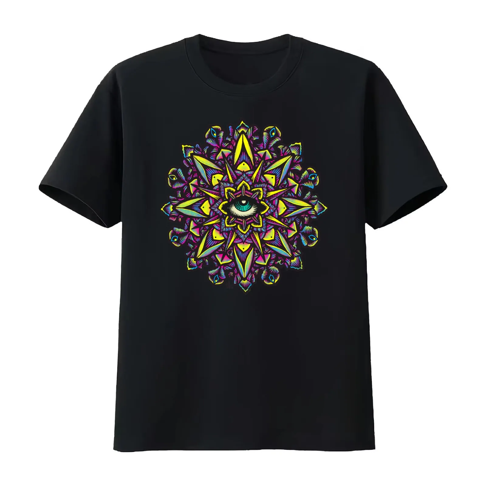 Dharma Wheel Neon Mandala Eye T-Shirt Summer Casual Cotton Tee Oversized Streetwear Tops Vintage Graphic Print 100% Cotton