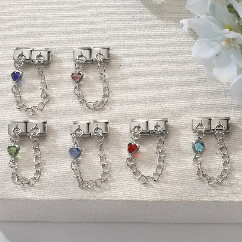 

Colorful Heart Butterfly Heart Eyes Star Beads Tassel Chain Italian Charm Link Fit 9MM Stainless Steel Bracelet Women DIY Making