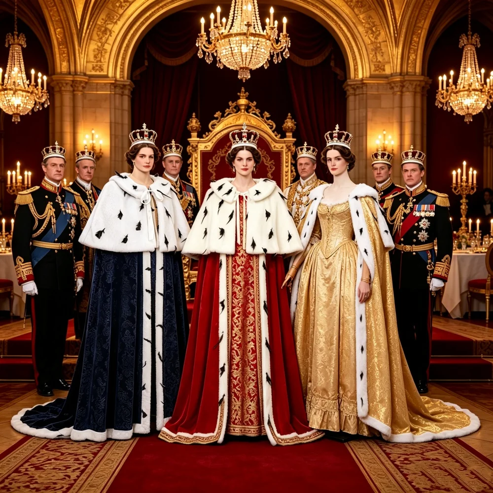 Historischer Königlicher Umhang der Königin Charlotte, König George III Krönungsrobe, Tudor-Viktorianischer Prachtvoller Umhang, Bühnenkostüm für Musical „Hamilton“