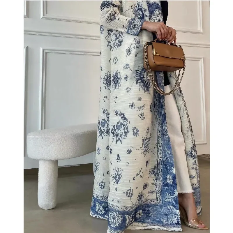 Fashion Saudi Women\'s Long Gown White Premium Printed Temperament Elegant Pleated Abaya Casual Peplum Holiday Dress Jacket