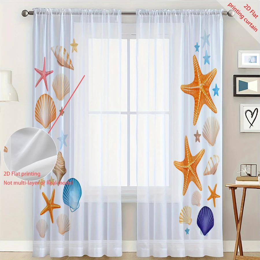2PCS Digital Print Sheer Curtain, Colorful Shell Starfish, Boho Chic Window Curtains for Living Room Bedroom Home Decor