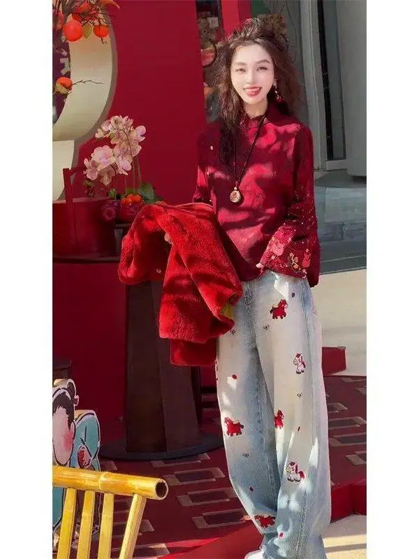 

Embroidered Wide Leg Pants Women's Faionable Casual Blue Jeans Stitching Design Sensation Tee Dimensional l Waist