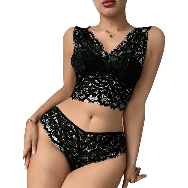 Sexy Sheer Floral Lace Bra Set for Women Wireless Unpadded Bralette and Panty Set Romantic Comfortable Underwear