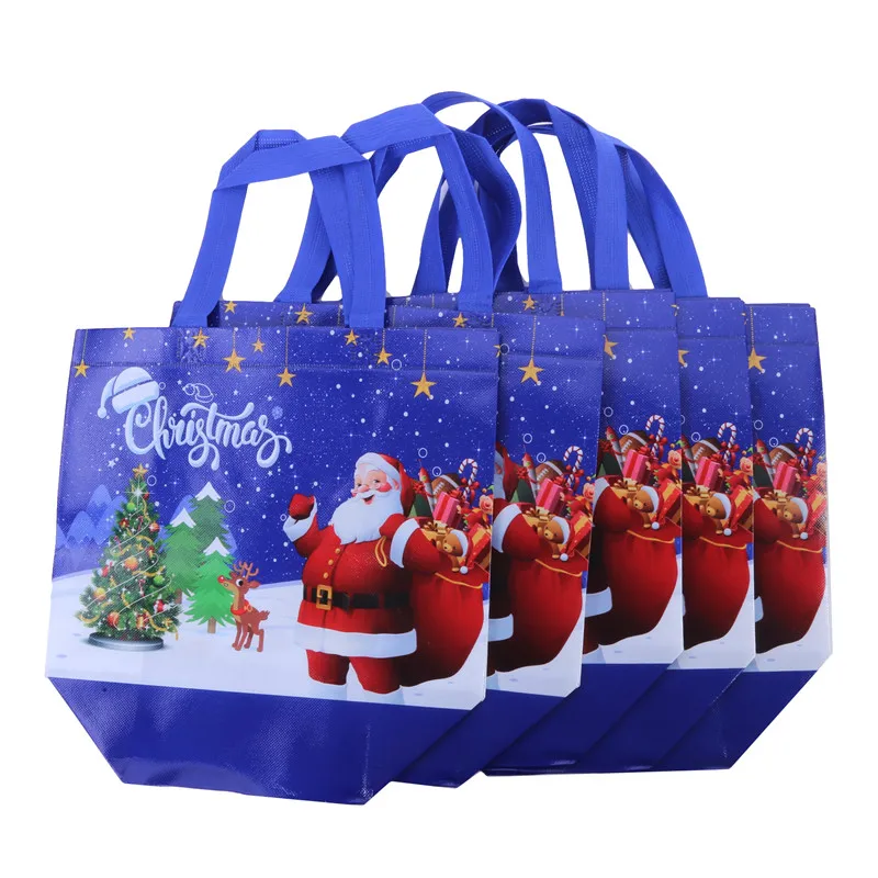 5PCS Print Handbag Christmas Gift Bag Foldable Shopping Bag Beach Bag Folding Storage Bag Cartoon Non Woven Bag Large Capacity