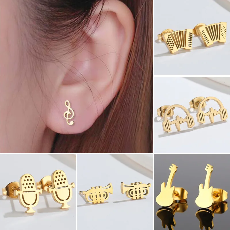 SMJEL Musical Earrings Note Accordion Headphone Suona Microphone Gitar Stainless Steel Earrings for Women Anemi Jewelry Gift