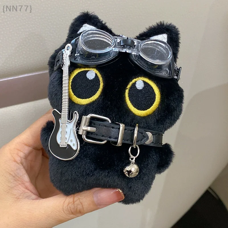 【No】かわいい漫画風ぬいぐるみ黒猫キーホルダー - 水泳ゴーグルデザイン、ぬいぐるみ＆ペンダント機能付き