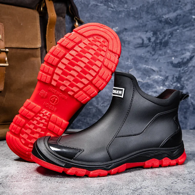 Fashionable Short Rain Boots Men's Waterproof Fleece Lined Kitchen Work Outdoor Water Boots Large Size 48 Plastic  Style