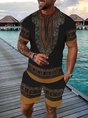 2025 Vintage Men's T-shirts Shorts Set 3D African Ethnic Style Print Casual Hawaiian Tees Suit Summer Men Women Tracksuit Outfit