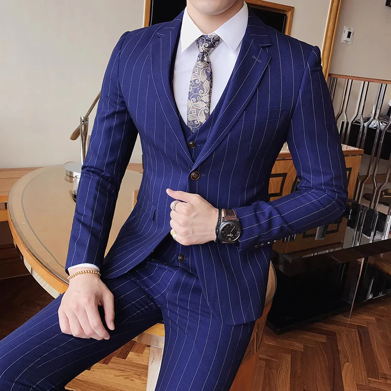 (Blazer+Vest+Pants) 2024 New Stripe Business Suits for Men  Wedding Party Multi-Occasion Slim Fit Dress Formal Wear