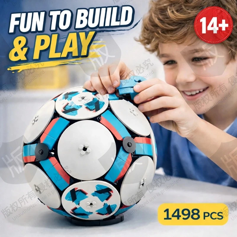 

Набор для сборки футбольного мяча 1:1, 1498 деталей, открывающаяся модель футбольного мяча со скрытым мини-полем, креативный конструктор для детей от 4 лет, артикул 43019