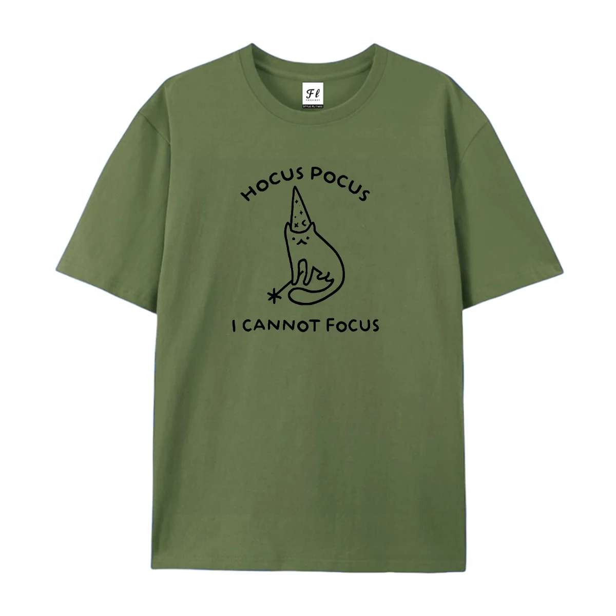 Hocus Pocus I Cannot Focus Graphic T‑Shirt Funny Wizard Cat Doodle Minimalist Halloween Humor Casual Short Sleeve Tops Outfits