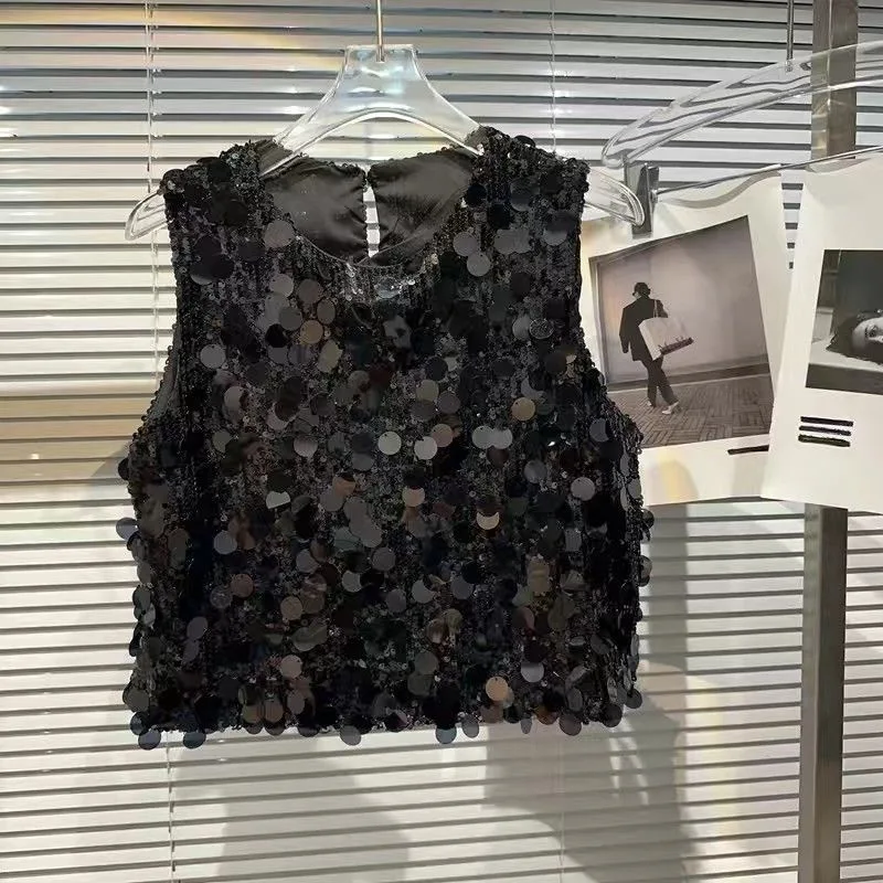 baby girls sequined vest 2026 summer sleeveless tank top bling Korean dance jazz streetwear kids clothes teenage 3 to 16 yrs