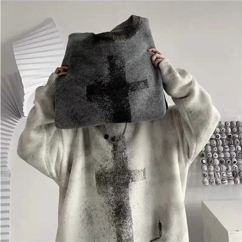 

Print Pullovers Men Sweater All-match Loose Vintage Students Spring New Basic Ulzzang Daily Trendy Popular Retro Design Simple