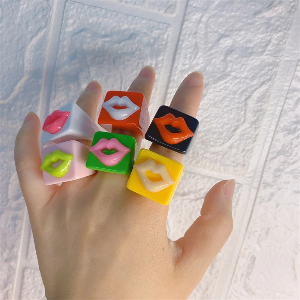 Transparent Vintage Square Geometric For Women Punk Resin Rings Lips Finger Ring Fashion Jewelry