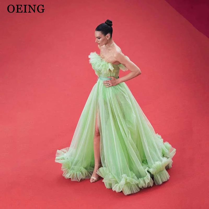 

OEING Elegant Mint Green Prom Dresses Simple Side Split Wedding Party Photo shoot Strapless Ruffles Garden Evening Gowns Gala