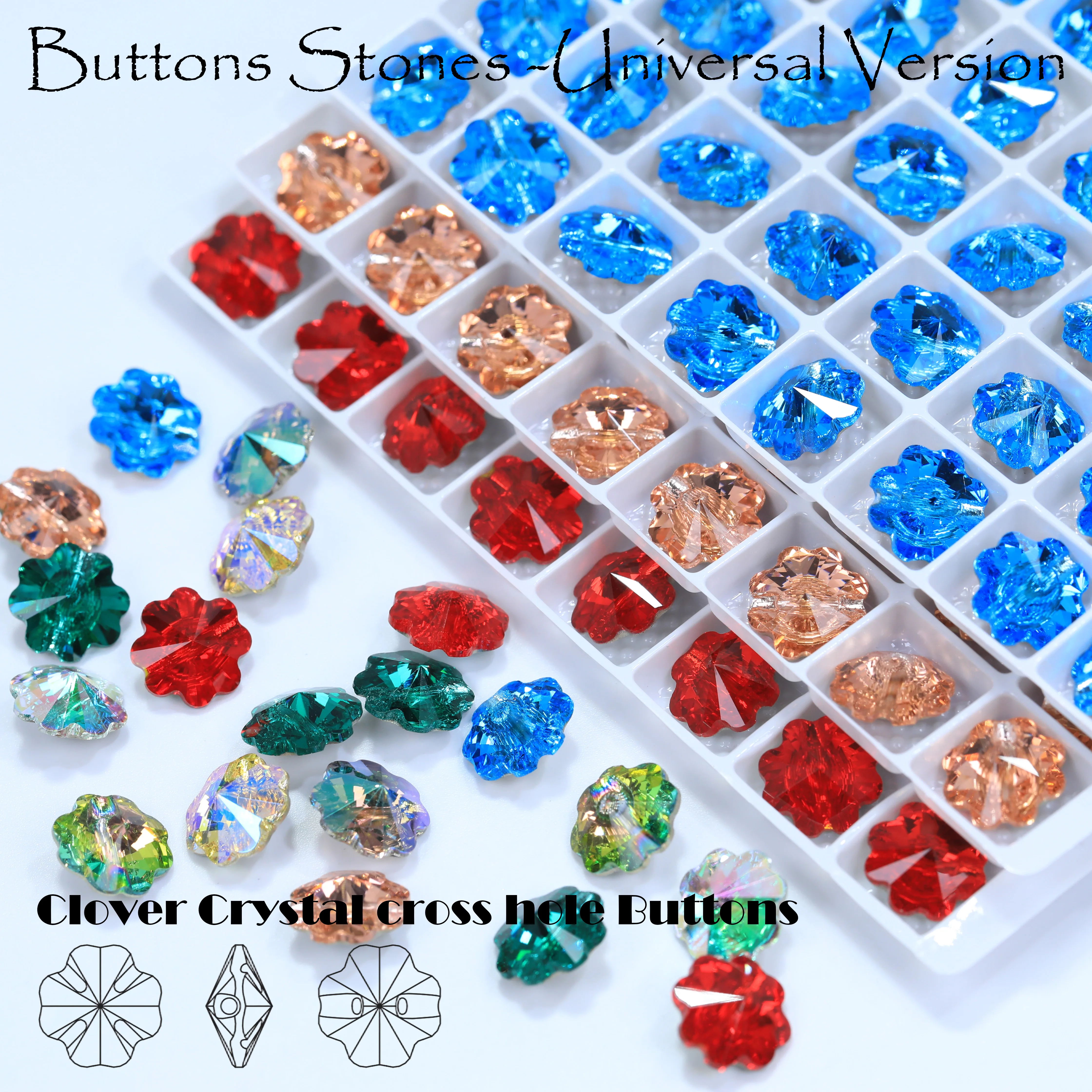 5A-Qualität Hochwertige Funkelnde Glaskristallknöpfe in Kleeblattform mit Kreuzloch, Glänzende Knöpfe für Kleidung und Nähzubehör – Detail 4