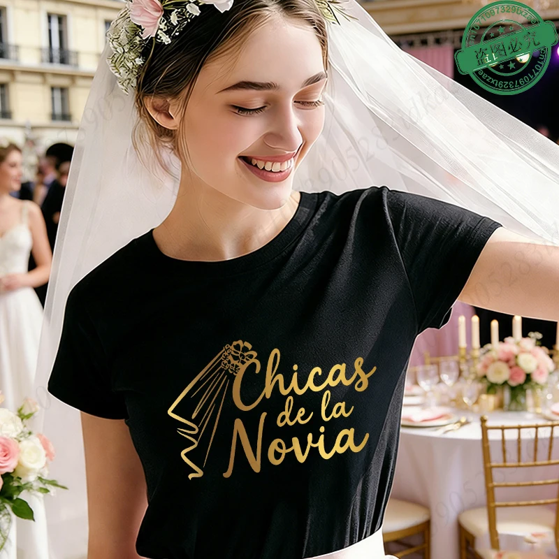 Spanish Girl Bachelorette Party T-Shirts Team Bride Tribe Squad Gold Foil Blouses Short Sleeve Tees for Bridal Shower Party Tops