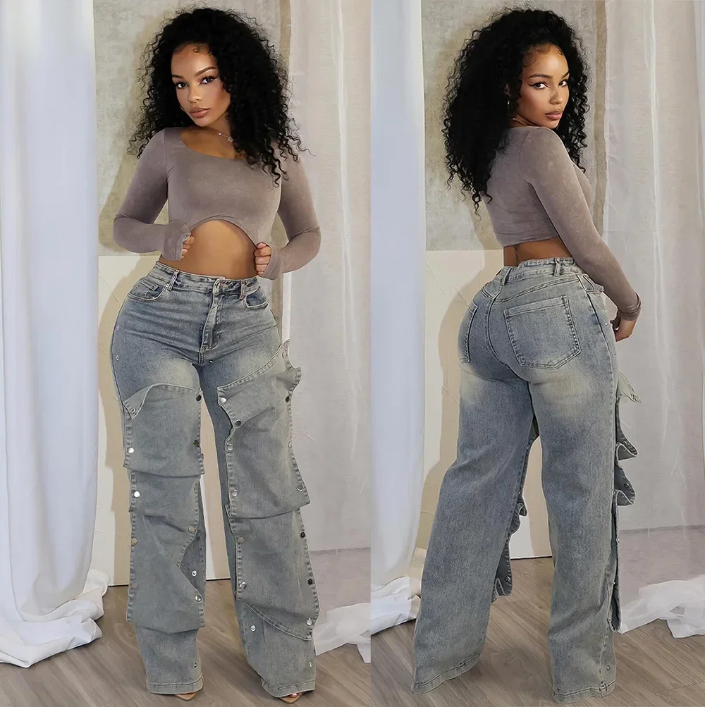 

Women's Straight Jeans Women's Autumn Street Hipster Removable Button High Waist Pants