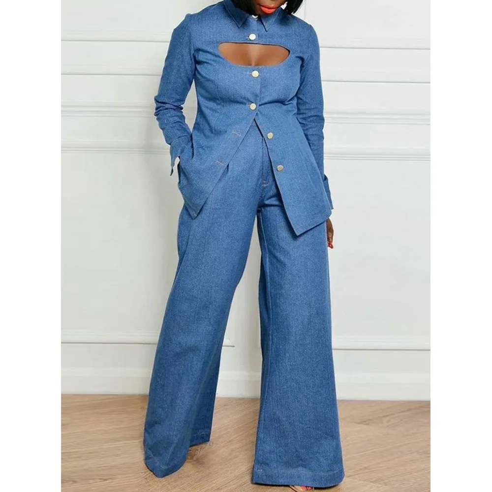 High Waisted Loose Pockets Solid Color Lapel Jean Two Pieces Set