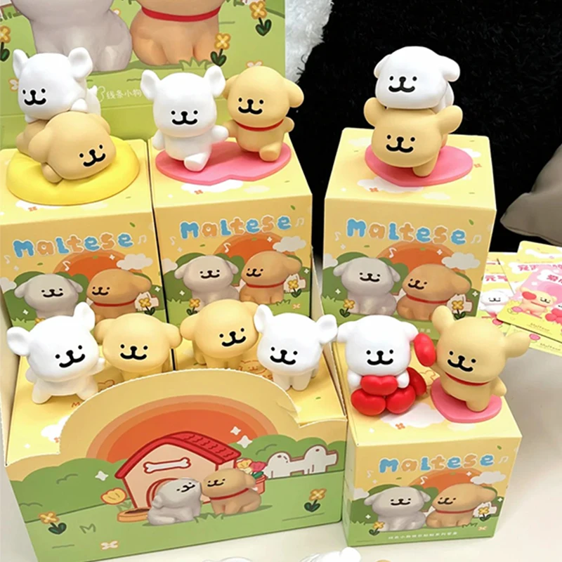 Maltese Happy Paste Series Blind Box Line Puppy Doll White Golden Dogs Action Figure  Mystery Box Surprise Box Anime Toy Gifts