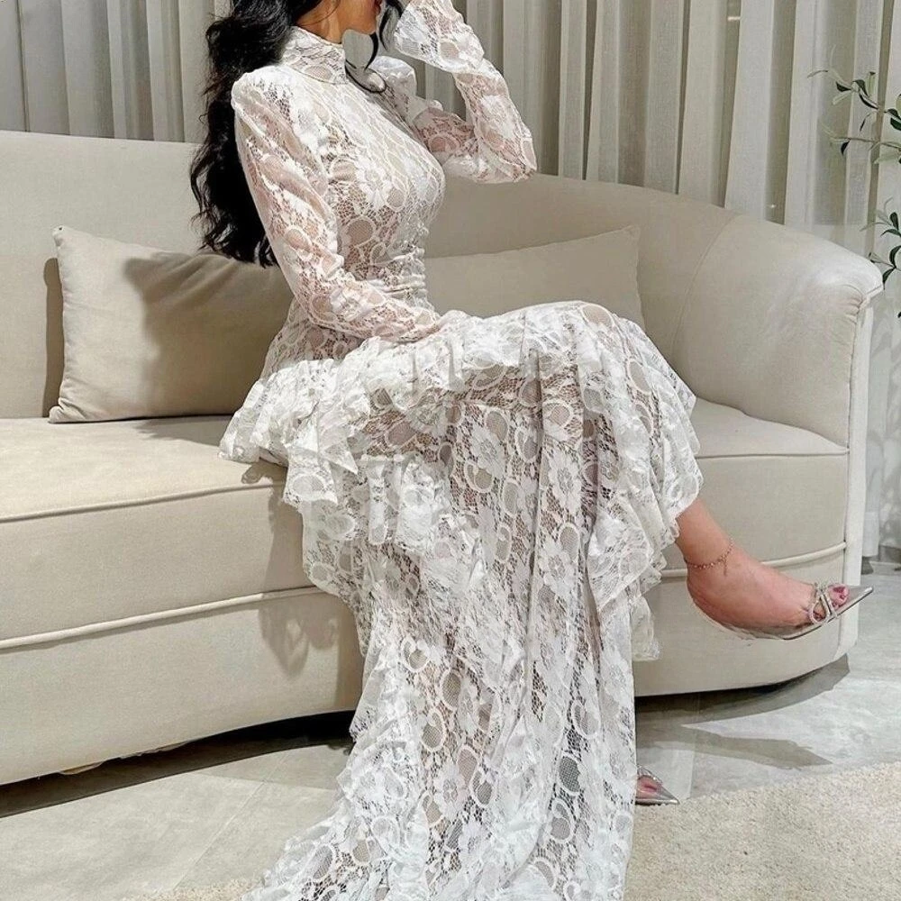 Customized Ruffles Lace Saudi Arabia Prom Dresses High Collar Long Sleeves Formal Occasion Party Gowns Backless Evening Dress