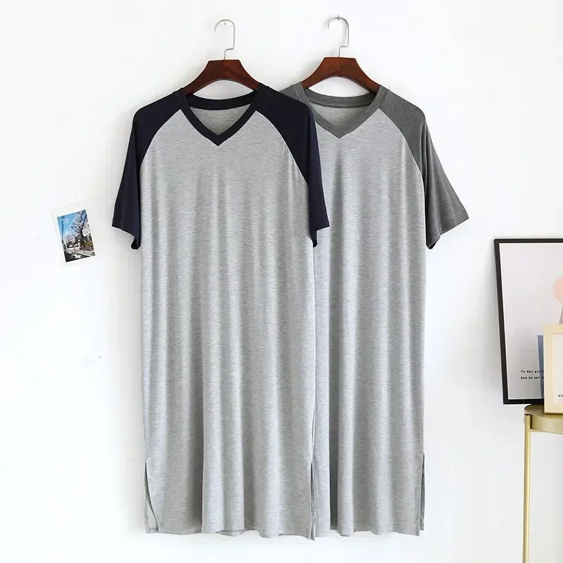 

For Nightdress V-neck Plus Nightgowns Stitching Size Thin Modal Loungewear Men Robe Mid-length Summer House One-piece